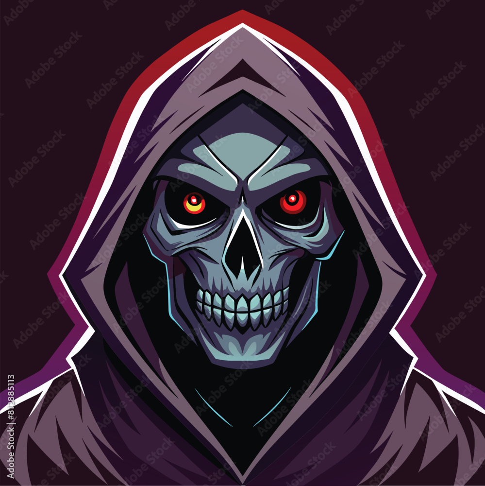 A skull wearing a hooded jacket and glowing red eyes, Dark Grim Reaper with Mask and Hood, Vector Illustration A skull wearing a hooded jacket and glowing red eyes, Dark Grim Reaper with Mask and Hood, Vector Illustration