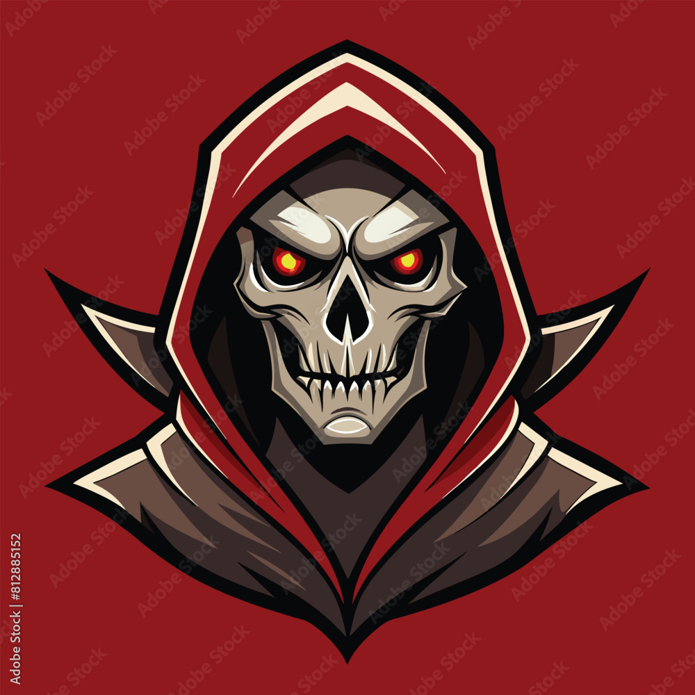 A skull with glowing red eyes wearing a dark hooded robe, embodying a grim and haunting presence, Dark Grim Reaper with Mask and Hood, Vector Illustration A skull with glowing red eyes wearing a dark hooded robe, embodying a grim and haunting presence, Dark Grim Reaper with Mask and Hood, Vector Illustration