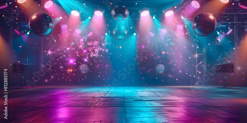 Empty dance floor of club stage under colorful spotlights  disco balls background - Ai Generated