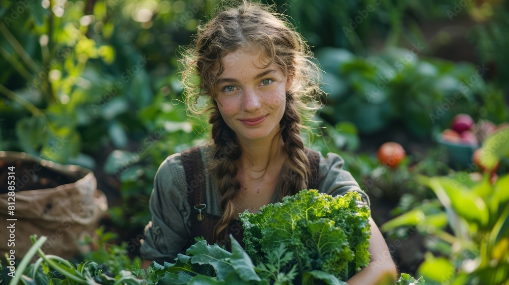 Beautiful young woman picks vegetables in her garden. Beautiful young woman picks vegetables in her garden.