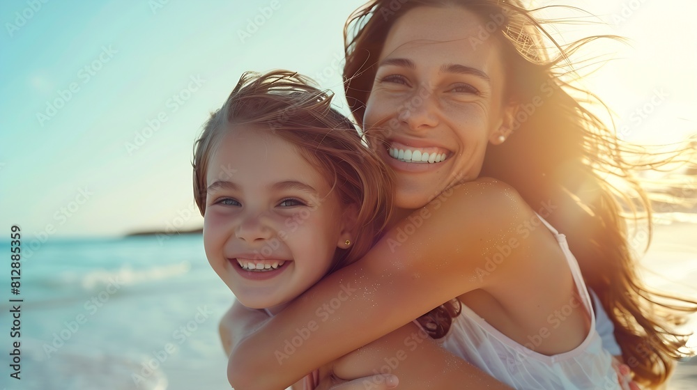 Smiling mother and beautiful daughter having fun on the beach Portrait of happy woman giving a piggyback ride to cute little girl with copy space Portrait of kid embracing her mom duri : Generative AI Smiling mother and beautiful daughter having fun on the beach Portrait of happy woman giving a piggyback ride to cute little girl with copy space Portrait of kid embracing her mom duri : Generative AI