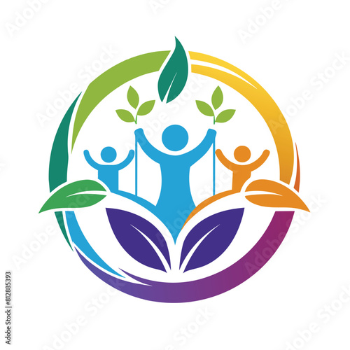 A group of individuals swinging on a swing while holding leaves in a park, Design a clean and minimalist logo for an NGO promoting social justice
