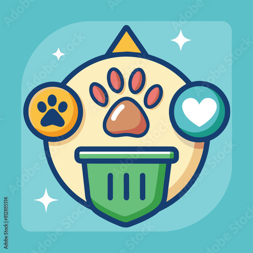 A dogs paw resting on the lid of a trash can in a straightforward composition, Design a clean and minimalist symbol for a pet supplies e-commerce platform