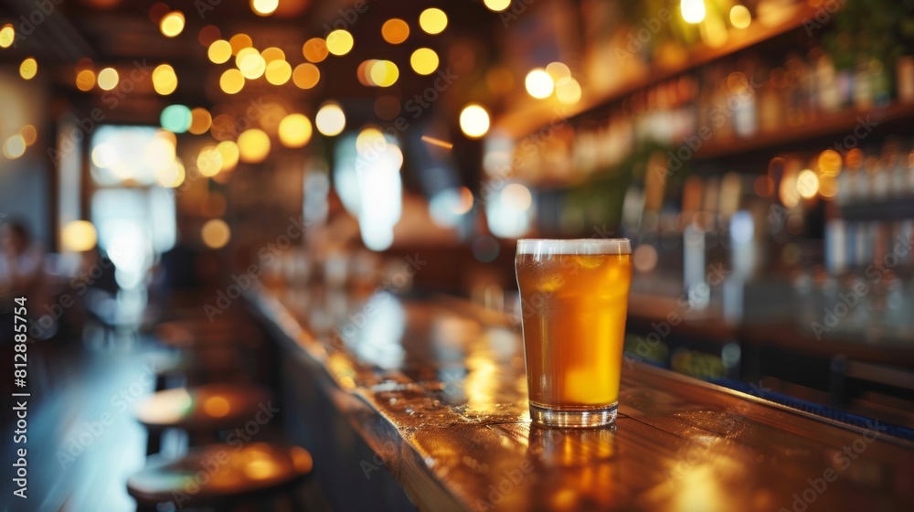 Craft beer served on a wooden bar in a cozy pub, featuring warm bokeh lights and a vibrant, inviting atmosphere.