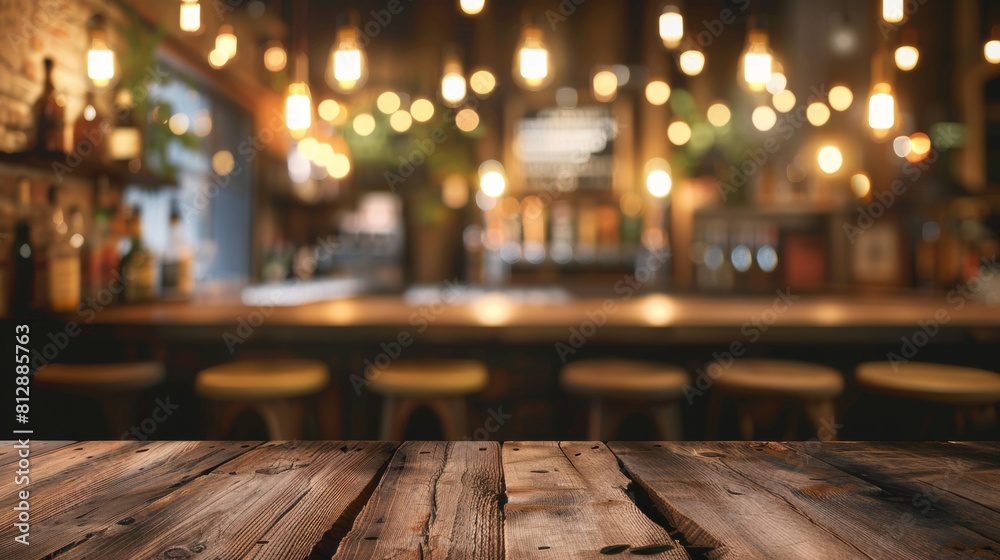 Rustic bar interior, featuring a wooden surface and hanging Edison lights, creating a warm, vintage ambiance. Rustic bar interior, featuring a wooden surface and hanging Edison lights, creating a warm, vintage ambiance.