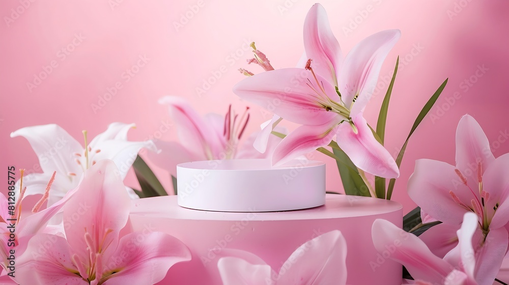 Podium with pink lily round cylinder scene with flowers on pink background display for cosmetics perfume and product presentation : Generative AI Podium with pink lily round cylinder scene with flowers on pink background display for cosmetics perfume and product presentation : Generative AI