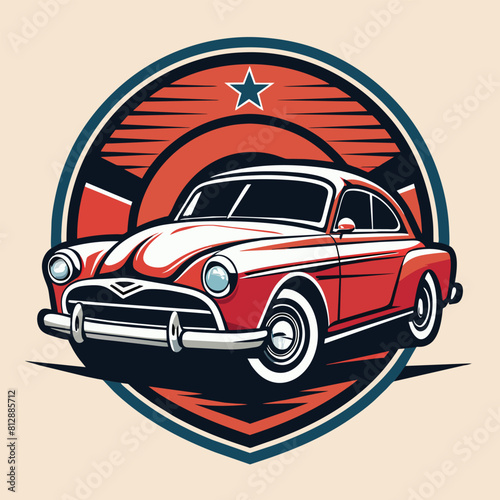 An aged car featuring a star emblem on its body, showcasing a nostalgic design from the past era, Design a logo that captures the nostalgia and timeless elegance of vintage automobiles