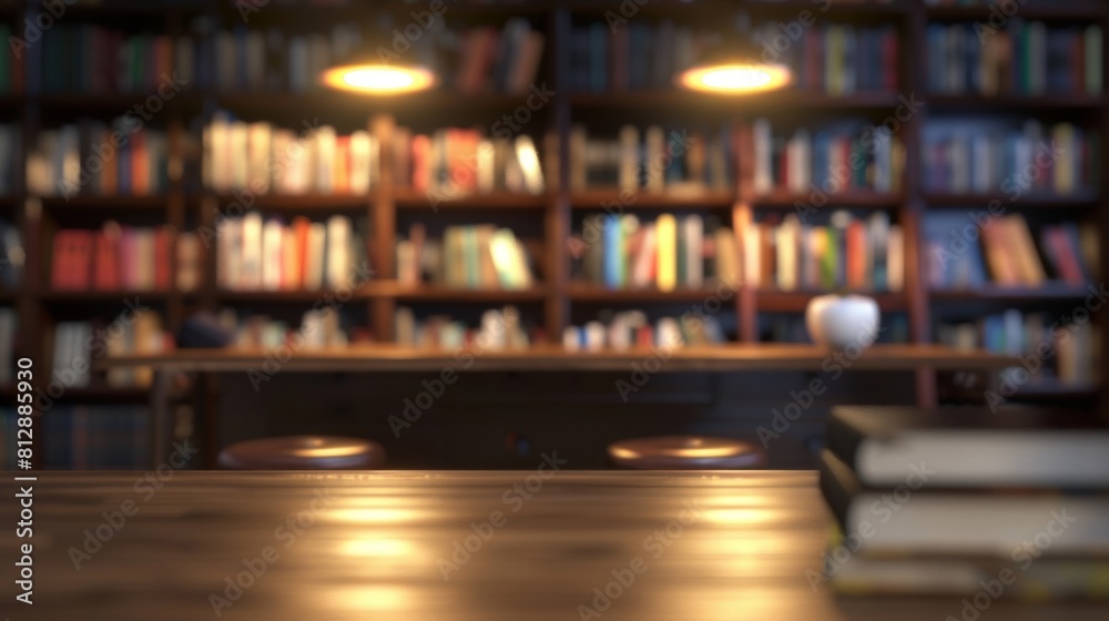 Blurred view of a warmly lit home library, showcasing wooden bookshelves filled with colorful books, highlighted by overhead lights.