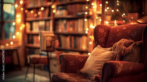 A cozy reading nook setup featuring a comfortable armchair, festive string lights, and shelves full of books for a perfect reading ambiance.