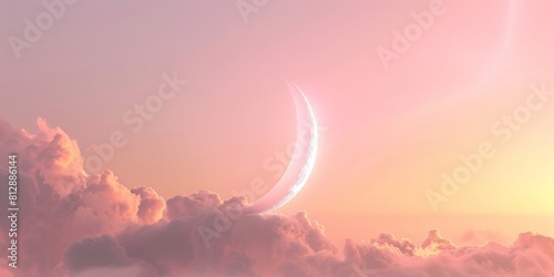 Vibrant pink and orange sky with a crescent moon. Sunset sky with celestial beauty. Nature and astronomy concept.