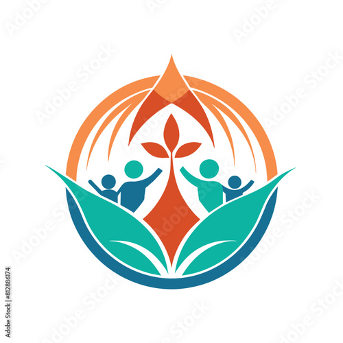 Multiple individuals standing atop a single leaf in a unique setting, Design a minimalist logo for a charity supporting refugees and displaced communities