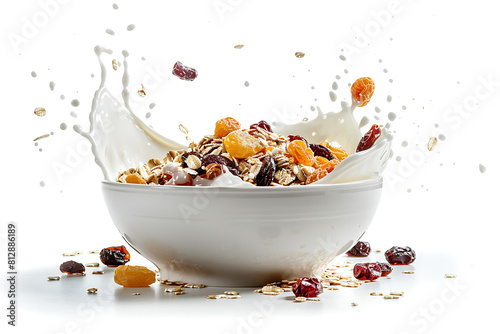 muesli with dried fruits and milk, on a white background
