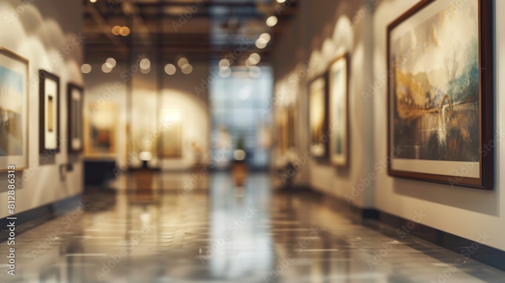 Interior view of an art gallery with blurred paintings on the walls, warm lighting, and shiny tiled floor.