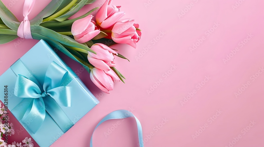 Mothers Day decorations concept Top view photo of blue giftbox with ribbon bow and bouquet of pink tulips on isolated pastel pink background with copyspace : Generative AI Mothers Day decorations concept Top view photo of blue giftbox with ribbon bow and bouquet of pink tulips on isolated pastel pink background with copyspace : Generative AI