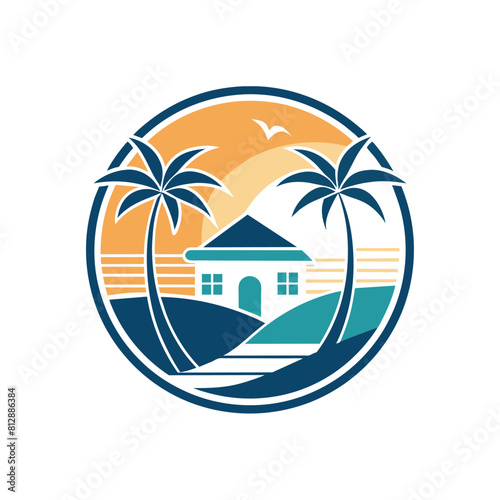 A house located on a sandy beach with palm trees swaying in the wind, Design a minimalist logo for a luxury beach resort, minimalist logo