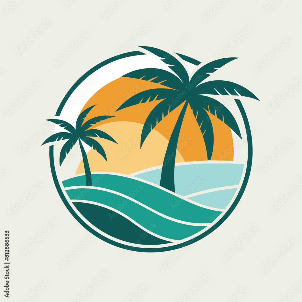 A palm tree stands on a sandy beach overlooking the ocean, Design a minimalist logo for a tropical island resort, minimalist logo A palm tree stands on a sandy beach overlooking the ocean, Design a minimalist logo for a tropical island resort, minimalist logo