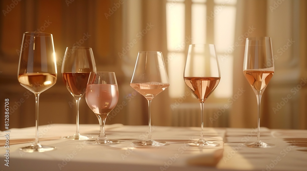 Glasses with rose wine On a table with a light tablecloth are five glasses of different shapes and sizes with rose wine A wine cellar is visible in the background : Generative AI Glasses with rose wine On a table with a light tablecloth are five glasses of different shapes and sizes with rose wine A wine cellar is visible in the background : Generative AI