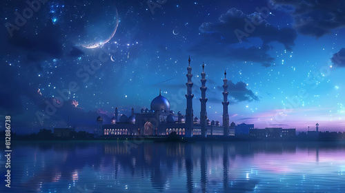 silent night at the mosque with a stunning view of the blue sky and water