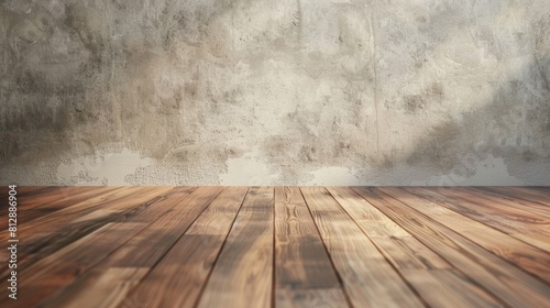 The image shows a wooden floor with a concrete wall in the background. The floor is made of old  weathered wood  and the wall is covered in a layer of dust.