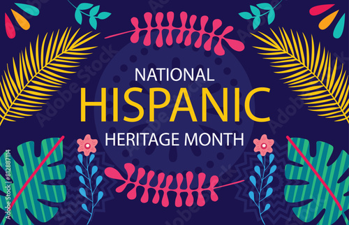 Hispanic heritage month. Vector web banner, poster, card for social media, networks. Greeting with national Hispanic heritage month text, on purple background.