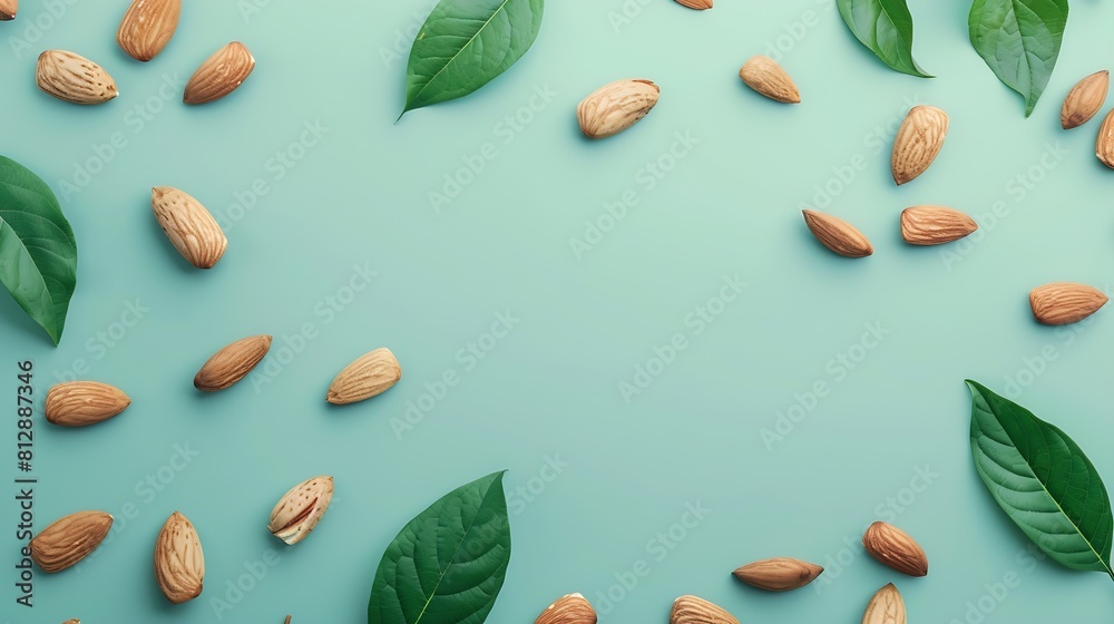 Creative layout made of nuts almond and leaf on pastel blue background ...