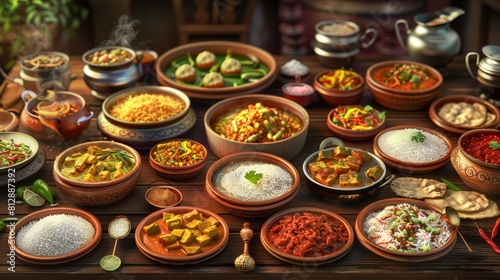 Traditional Indian dishes on the wooden table, selection of assorted spicy food, ai generated hyper realistic 