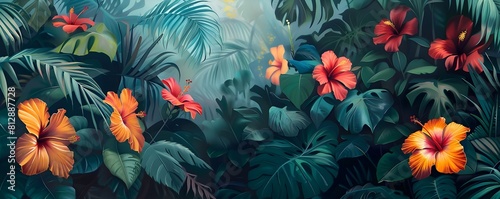 Vibrant Hibiscus Flowers Blooming in the Heart of a Lush Tropical Jungle Landscape