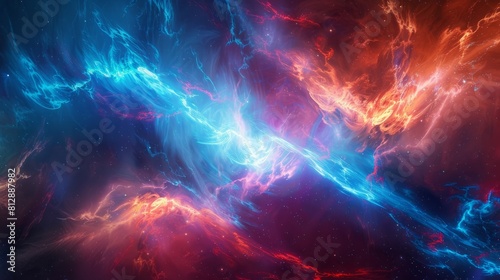 Vibrant cosmic energy surge with dynamic interplay of electric blues and fiery reds. Magnetic storm in outer space. Concepts of cosmos  energy  abstract  fantasy background and dynamic flow.