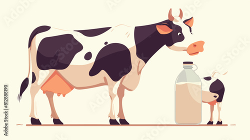 Funny farm cow and milk bottle characters with smil
