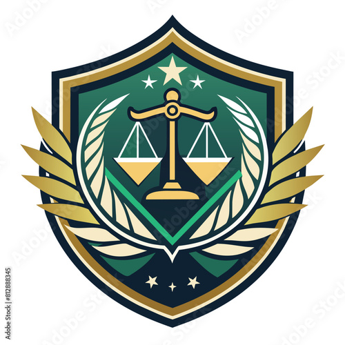 A clean and sophisticated emblem featuring the scales of justice on a white background, Develop a clean and sophisticated emblem that evokes a sense of balance and vitality