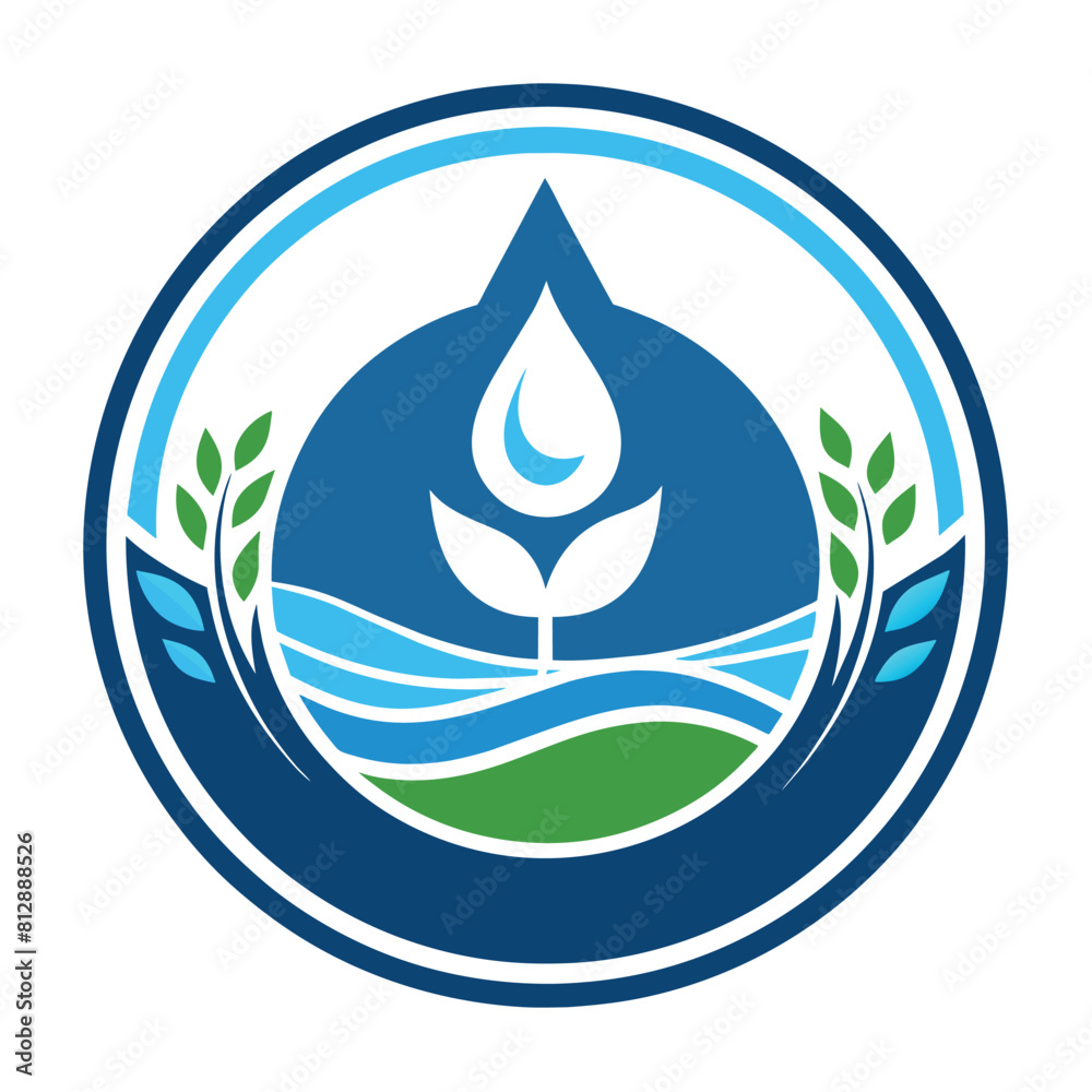 A blue circle containing a leaf and water, Develop a minimalist emblem for a charity supporting clean water initiatives A blue circle containing a leaf and water, Develop a minimalist emblem for a charity supporting clean water initiatives