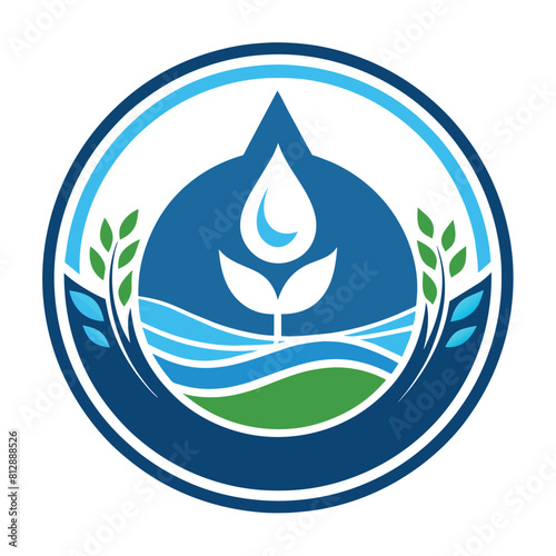 A blue circle containing a leaf and water, Develop a minimalist emblem for a charity supporting clean water initiatives