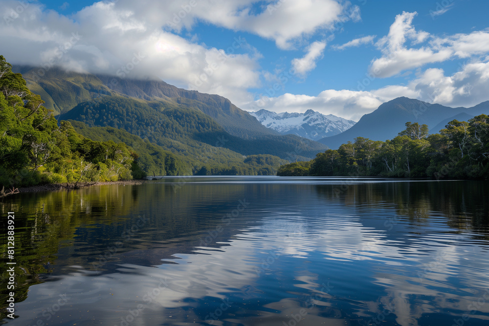 A serene lake in the Takapoto National Park, New Zealand with snowcapped mountains and lush greenery reflecting on its calm waters, blue sky with fluffy white clouds overhead, capturing nature's beaut A serene lake in the Takapoto National Park, New Zealand with snowcapped mountains and lush greenery reflecting on its calm waters, blue sky with fluffy white clouds overhead, capturing nature's beaut