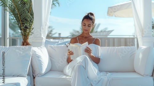 Young woman in white summer dress sits on white sofa on sunny day and reads book, open terrace of lux hotel, pleasant holiday concept hyper realistic 