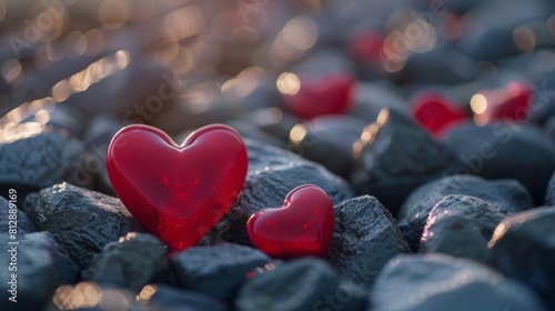 Close-up shot of two red heart-shaped figures on pebble stones with glistening bokeh light effects in the background photo