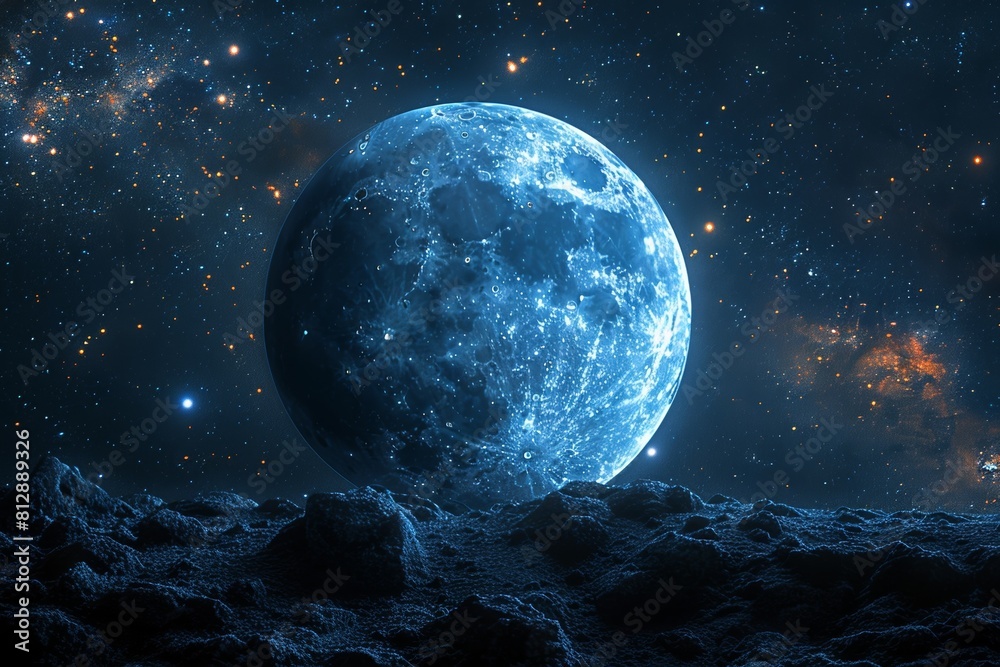 A mesmerizing illustration of the moon against a backdrop of stars and galaxies.