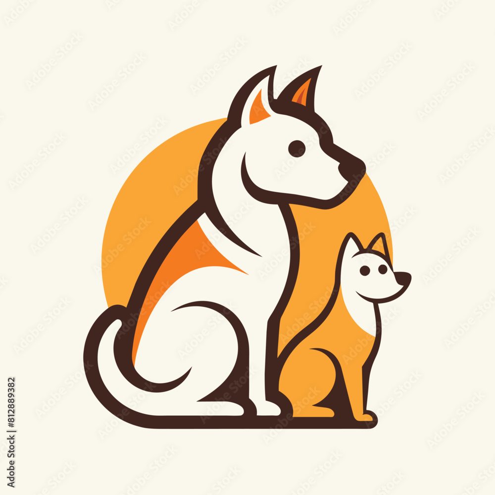 A dog and a cat are sitting closely together in a minimalist design, dog and cat logo design, minimalist logo