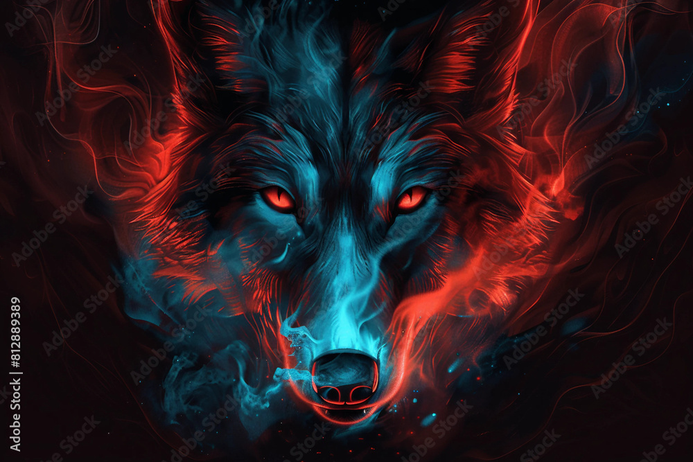 Fototapeta A digital illustration of a wolf face with glow 
