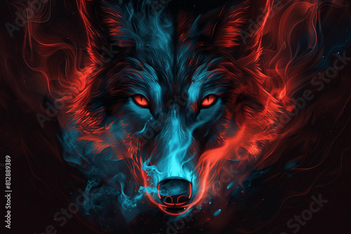 A digital illustration of a wolf face with glow  photo