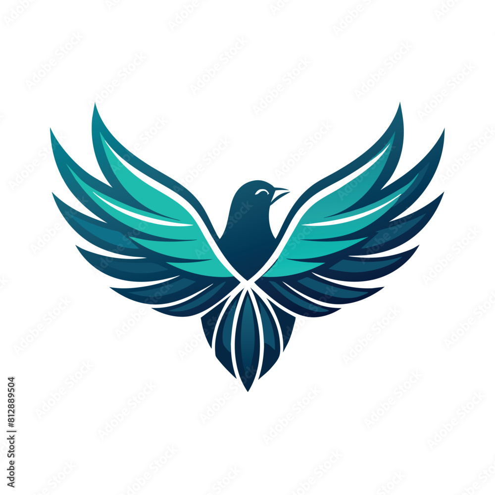 A bird with blue wings is perched on a white background, dove with wings Logo bussines company flat shape with bird A bird with blue wings is perched on a white background, dove with wings Logo bussines company flat shape with bird