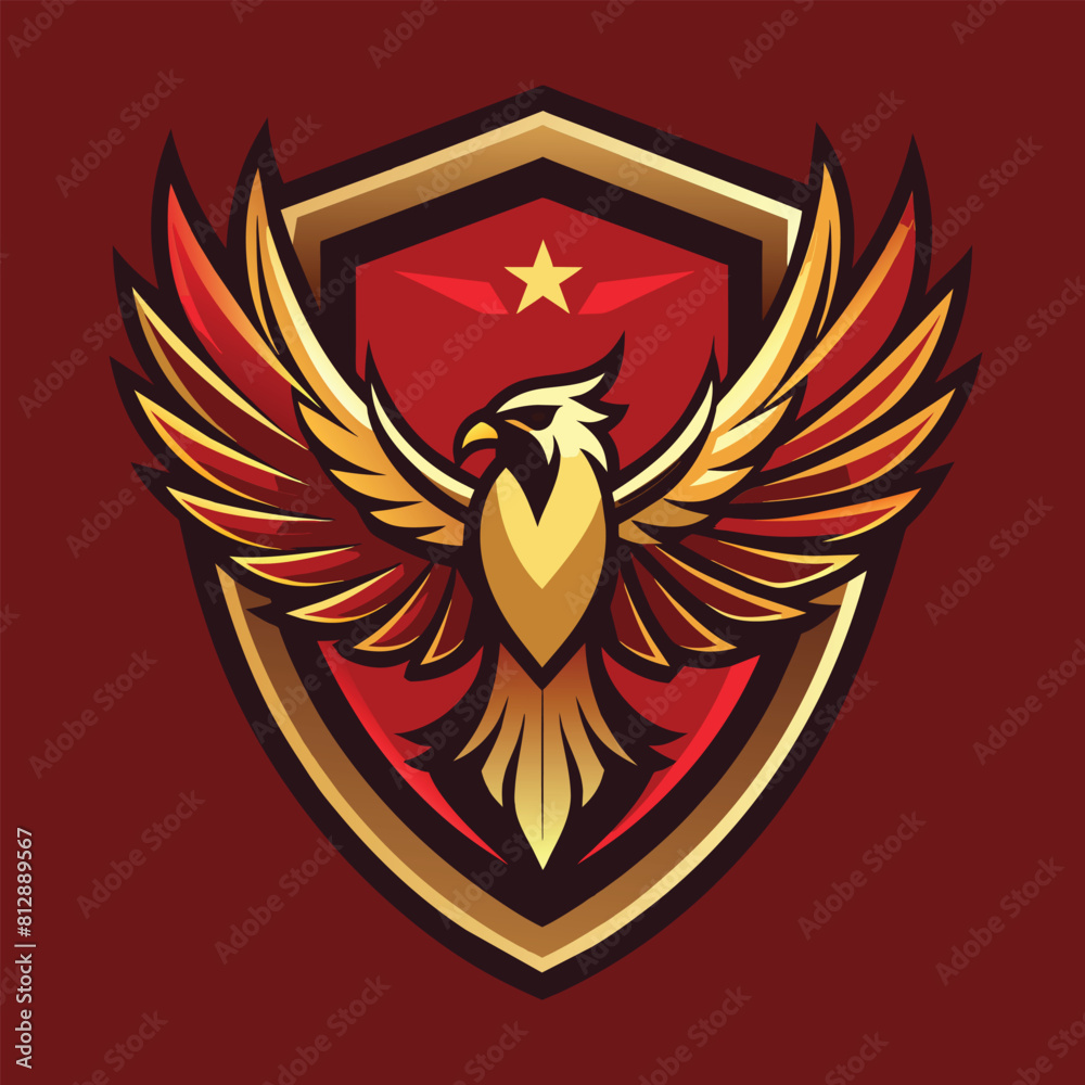 A golden eagle emblem stands out against a vibrant red background, eagle shield logo design, phoenix vector emblem A golden eagle emblem stands out against a vibrant red background, eagle shield logo design, phoenix vector emblem