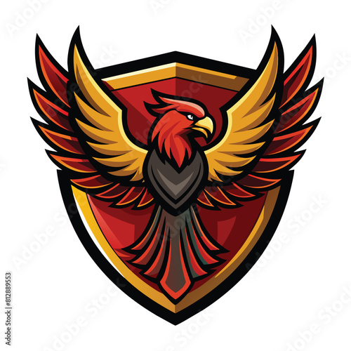 A red and yellow bird with wings displayed on a shield in a striking logo design, eagle shield logo design, phoenix vector emblem