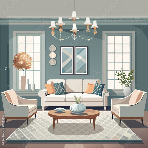 A fully furnished living room with various furniture pieces and a rug in a stylish and cozy setting, Elegant and serene living room design with neutral color palette