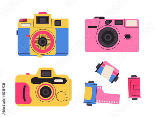 Retro film photo camera isolated on white background. Old vintage analog disposable photo camera. Hand-drawn colored flat vector illustration