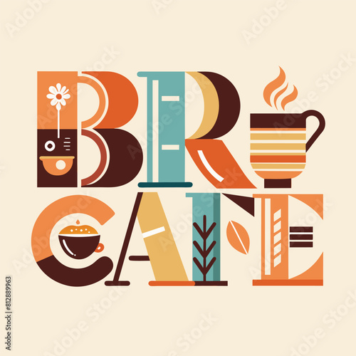 The word breakfast creatively arranged using various types of food, showcasing a unique typography experiment, Experiment with different typography styles for a minimalist cafe logo