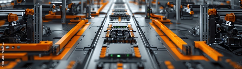 Solid state battery assembly line for electric vehicles, top view, highlighting precise engineering, technology tone, Tetradic color scheme Solid state battery assembly line for electric vehicles, top view, highlighting precise engineering, technology tone, Tetradic color scheme