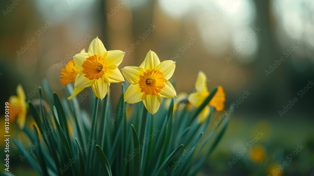 A close-up of bright yellow daffodils with orange centers set against a soft-focused natural background, highlighting the freshness of spring A close-up of bright yellow daffodils with orange centers set against a soft-focused natural background, highlighting the freshness of spring