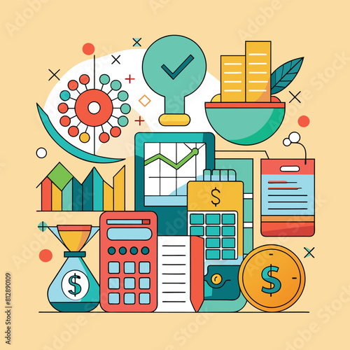Various items are grouped together in this collection of diverse objects, Explore the idea of financial calculations through a minimalist artistic lens
