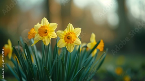 A close-up of bright yellow daffodils with orange centers set against a soft-focused natural background, highlighting the freshness of spring