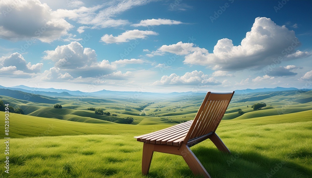Fototapeta premium The view of the vast grassland and clouds is beautiful and there is a seat pointing towards me, the seat is closerAnime Style